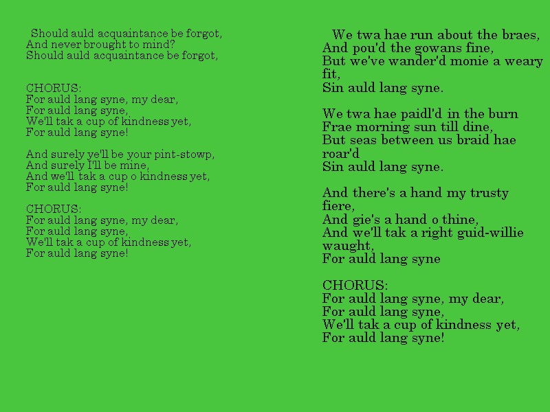 Should auld acquaintance be forgot,  And never brought to mind?  Should auld